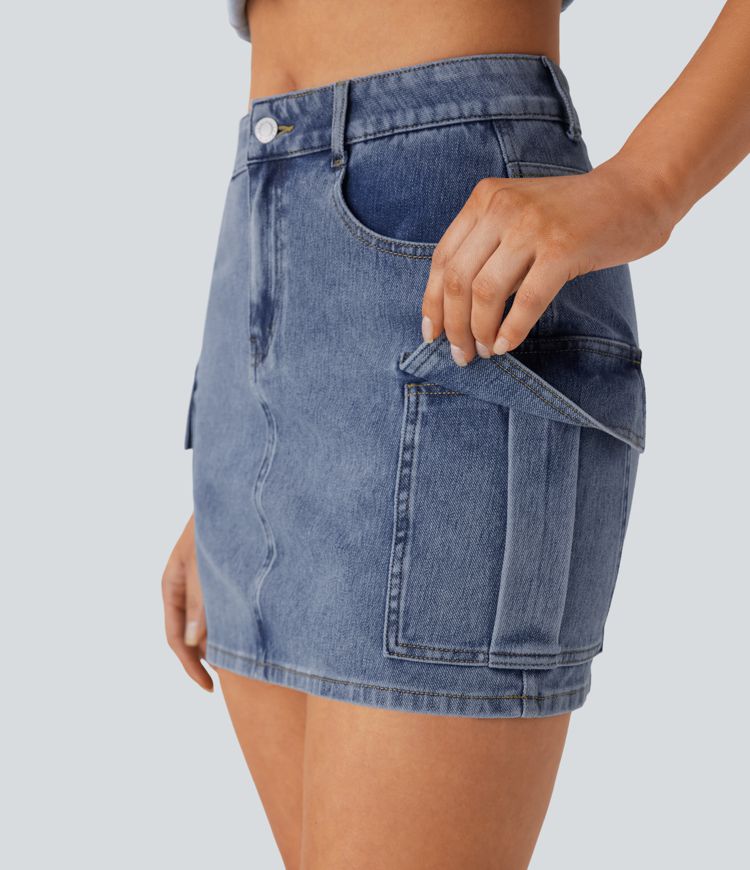 jupe cargo décontractée en jean halara flex taille mi-haute avec poches zippées