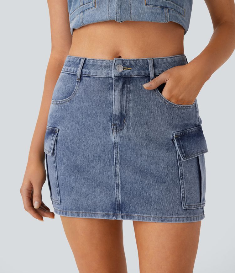 jupe cargo décontractée en jean halara flex taille mi-haute avec poches zippées