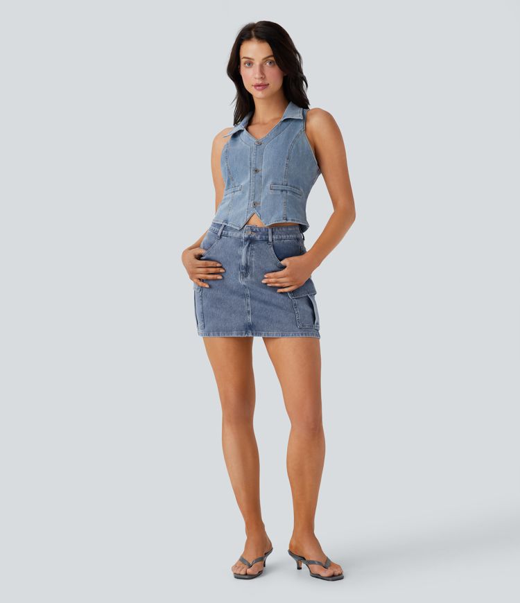 jupe cargo décontractée en jean halara flex taille mi-haute avec poches zippées