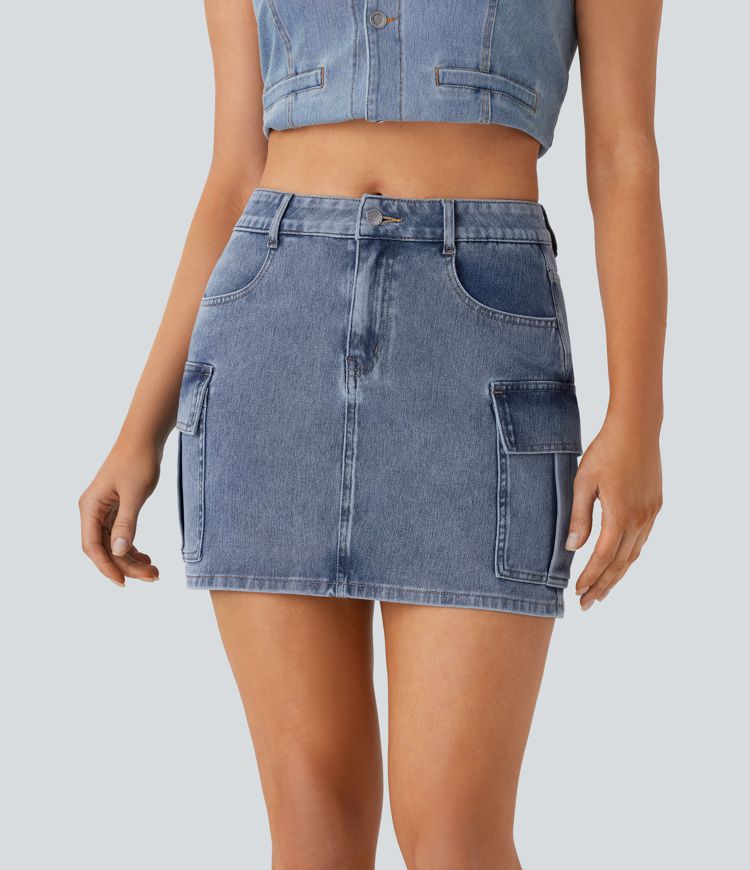 jupe cargo décontractée en jean halara flex taille mi-haute avec poches zippées