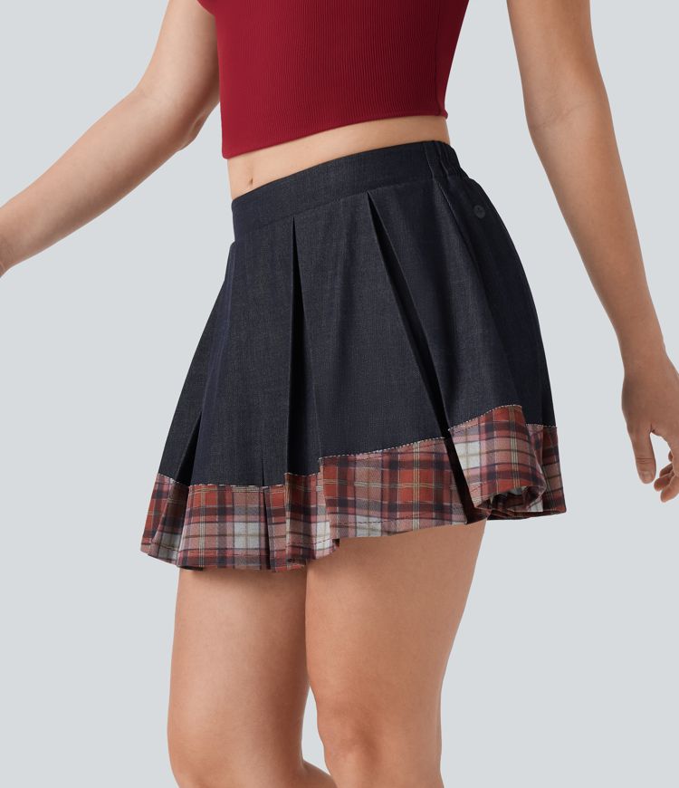 jupe courte décontractée à carreaux effet denim plissée taille mi-haute coupe trapèze avec poche