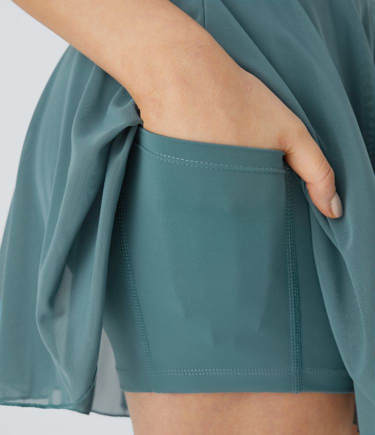 jupe évasée fluide mini décontractée à taille haute et cordon de serrage empiècement contrastant en maille poche 2 en 1