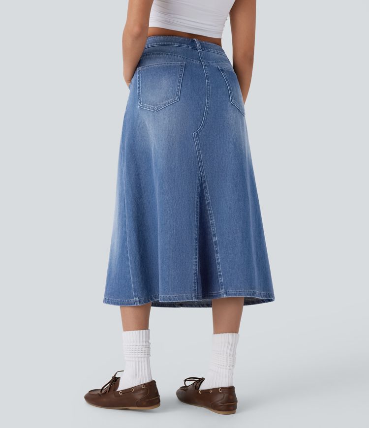 jupe trapèze midi en jean délavé halara flex à taille haute et poches