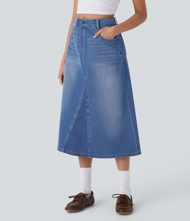 jupe trapèze midi en jean délavé halara flex à taille haute et poches
