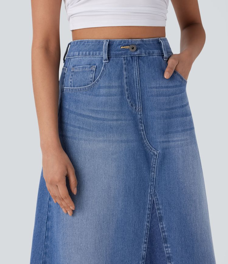 jupe trapèze midi en jean délavé halara flex à taille haute et poches