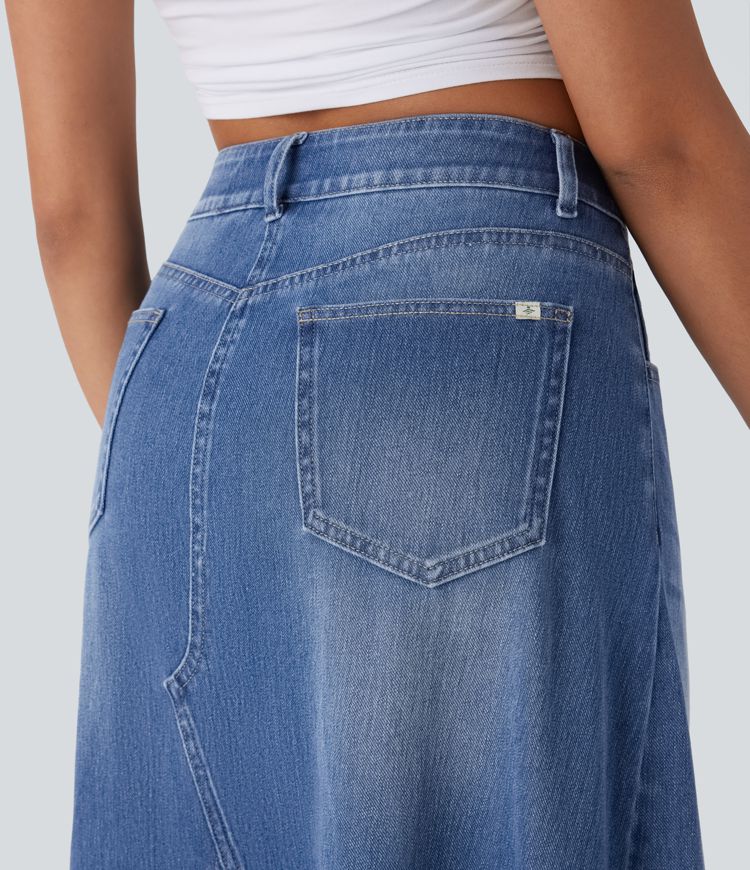 jupe trapèze midi en jean délavé halara flex à taille haute et poches