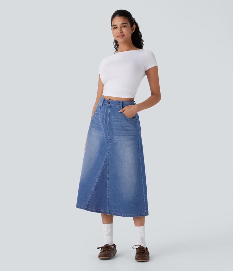 jupe trapèze midi en jean délavé halara flex à taille haute et poches