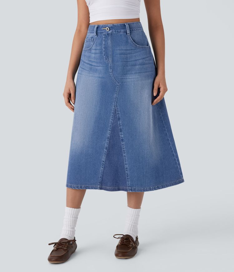 jupe trapèze midi en jean délavé halara flex à taille haute et poches