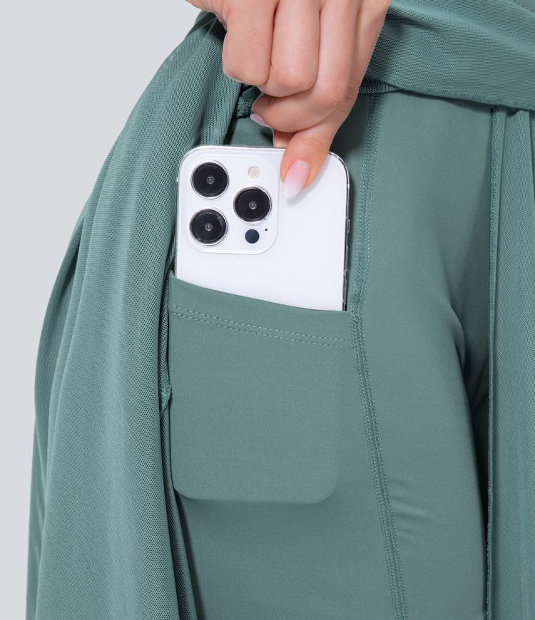 jupe midi évasée fluide et décontractée taille haute cordon de serrage empiècement contrastant en maille poches et poches.
