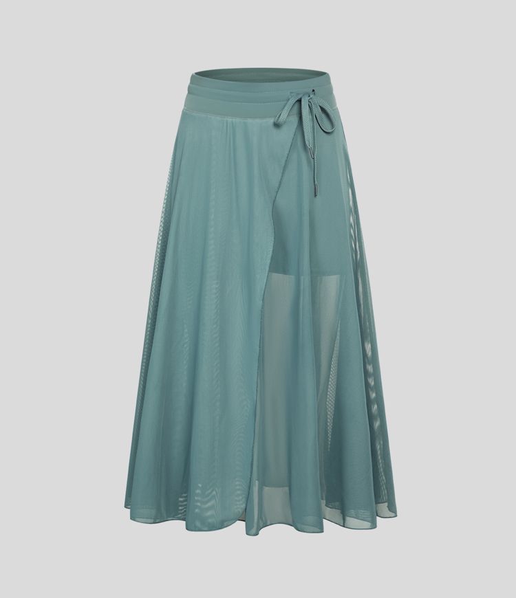 jupe midi évasée fluide et décontractée taille haute cordon de serrage empiècement contrastant en maille poches et poches.