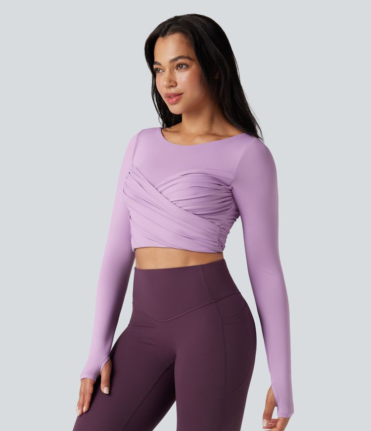 haut de yoga court et croisé push-up moulé et à encolure ronde manches longues et passe-pouces