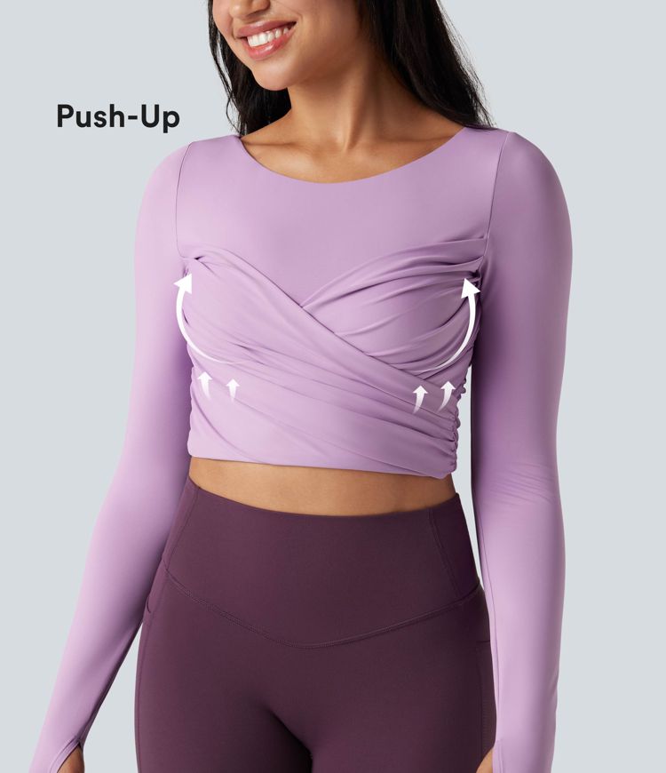 haut de yoga court et croisé push-up moulé et à encolure ronde manches longues et passe-pouces