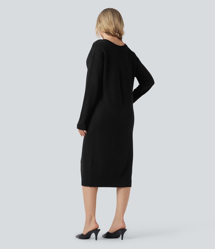 robe pull de travail mi-longue à col en v et manches longues en laine mélangée - portable devant et derrière