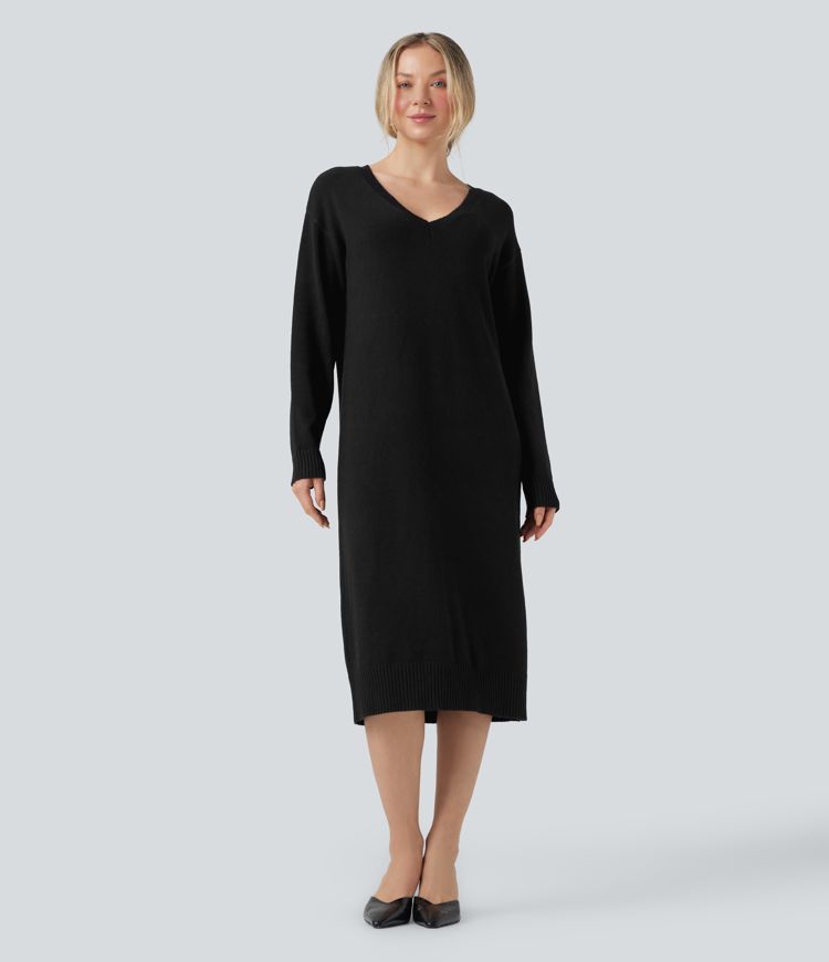 robe pull de travail mi-longue à col en v et manches longues en laine mélangée - portable devant et derrière