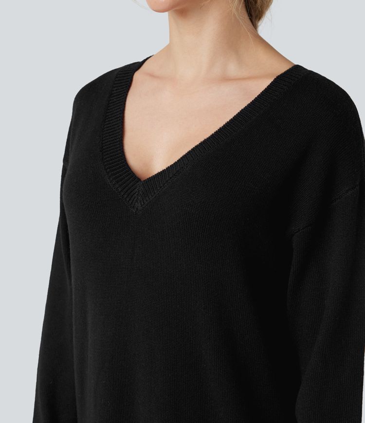 robe pull de travail mi-longue à col en v et manches longues en laine mélangée - portable devant et derrière