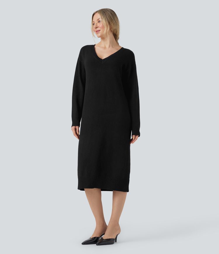 robe pull de travail mi-longue à col en v et manches longues en laine mélangée - portable devant et derrière
