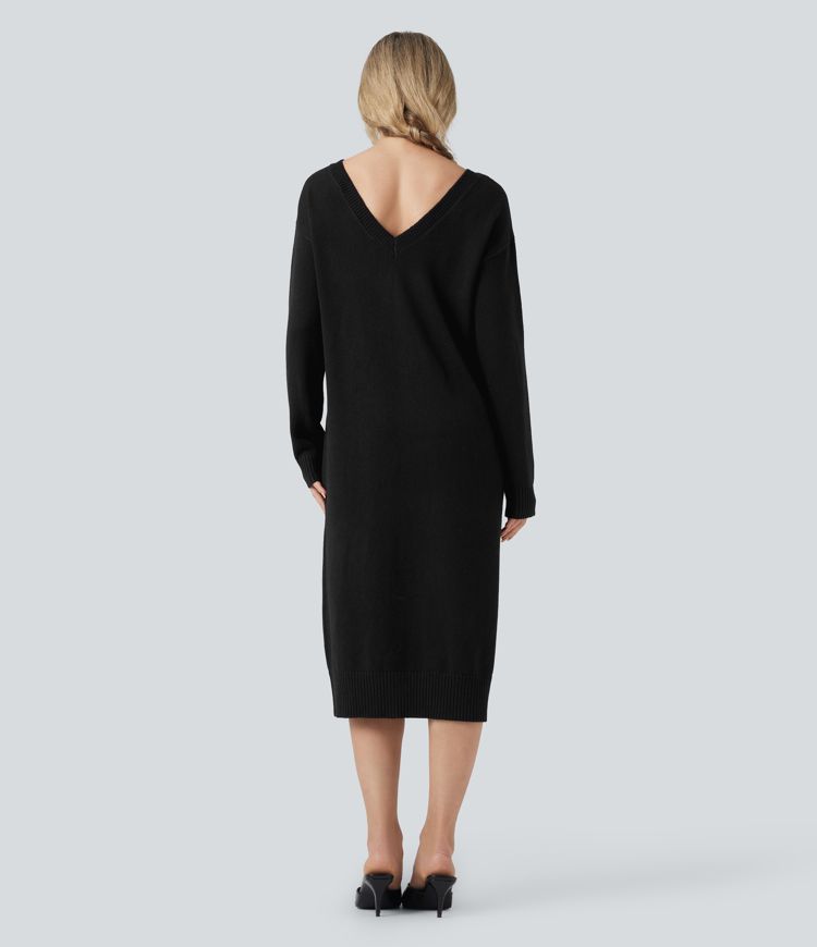 robe pull de travail mi-longue à col en v et manches longues en laine mélangée - portable devant et derrière