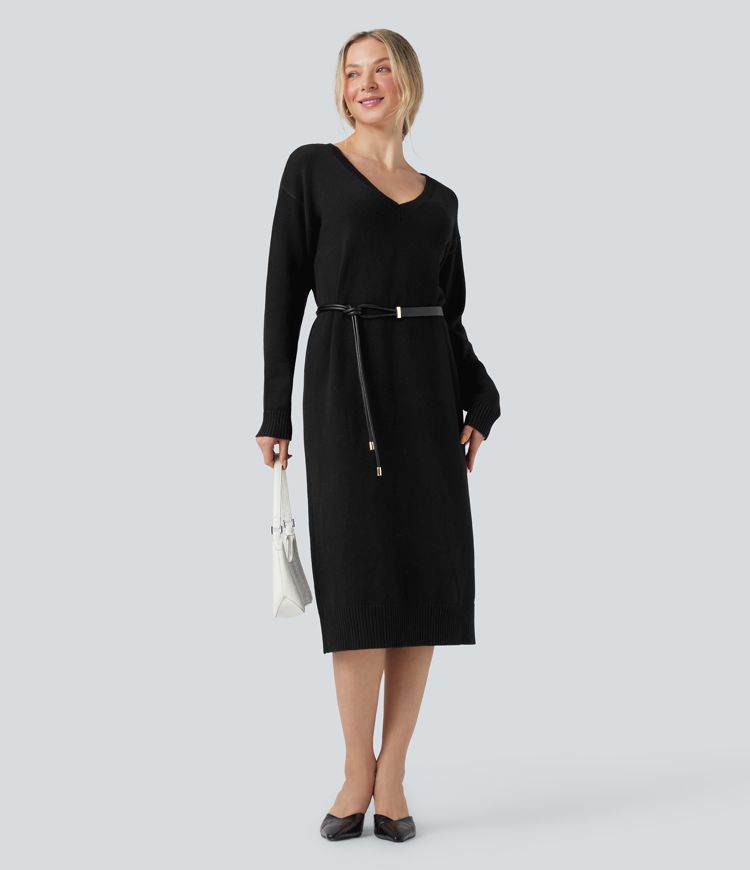 robe pull de travail mi-longue à col en v et manches longues en laine mélangée - portable devant et derrière