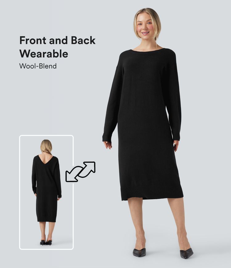 robe pull de travail mi-longue à col en v et manches longues en laine mélangée - portable devant et derrière