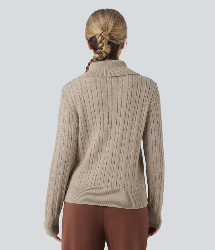 pull de travail en laine mélangée à manches longues et col à revers en maille torsadée et coupe décontractée