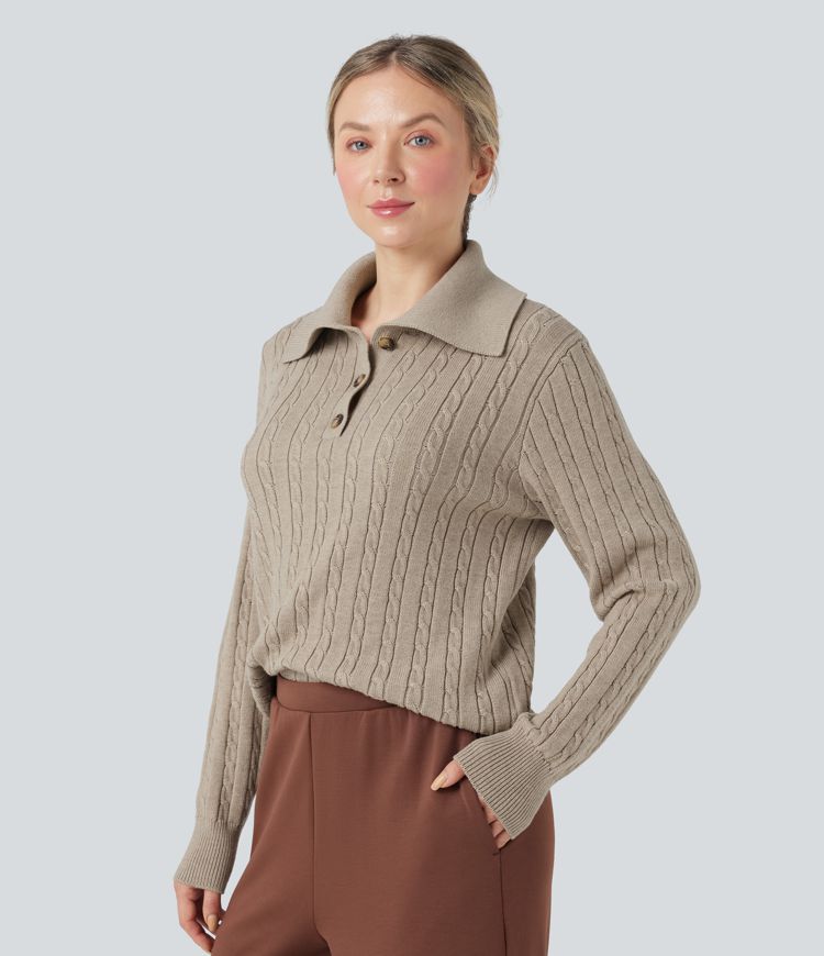 pull de travail en laine mélangée à manches longues et col à revers en maille torsadée et coupe décontractée