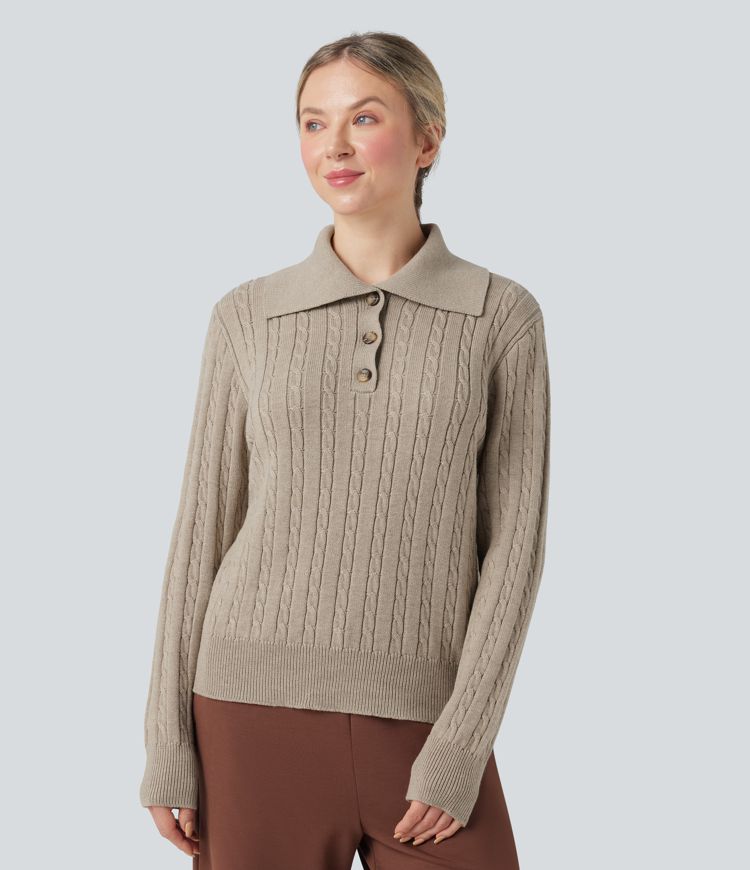 pull de travail en laine mélangée à manches longues et col à revers en maille torsadée et coupe décontractée