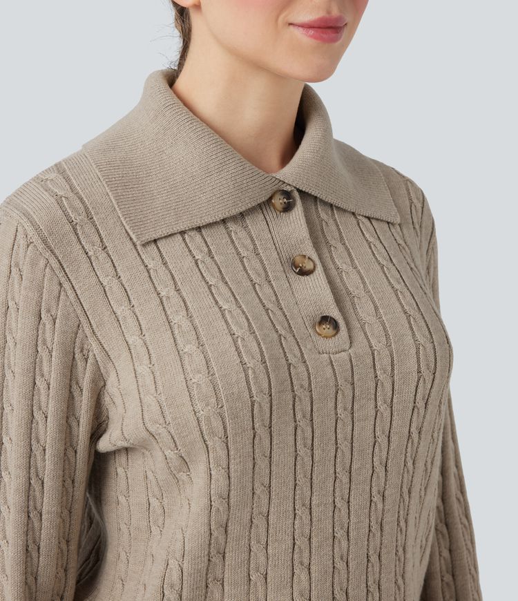 pull de travail en laine mélangée à manches longues et col à revers en maille torsadée et coupe décontractée