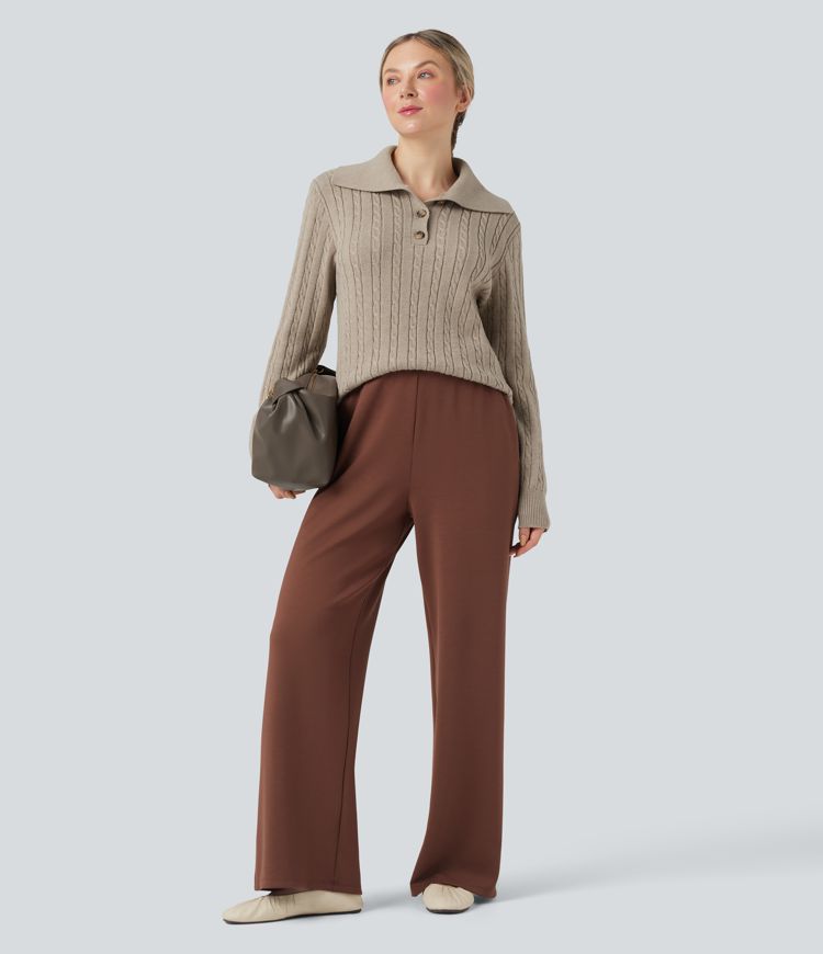 pull de travail en laine mélangée à manches longues et col à revers en maille torsadée et coupe décontractée