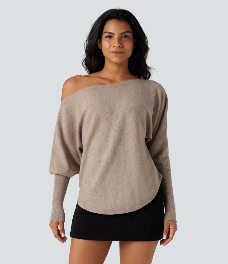 pull de travail asymétrique à manches chauve-souris et ourlet arrondi