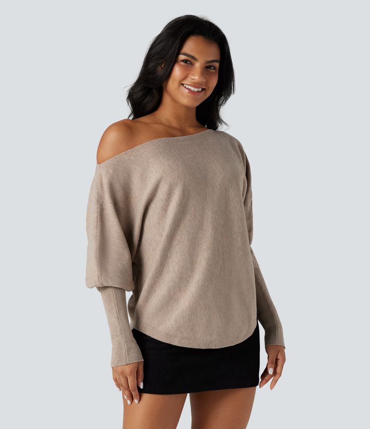 pull de travail asymétrique à manches chauve-souris et ourlet arrondi