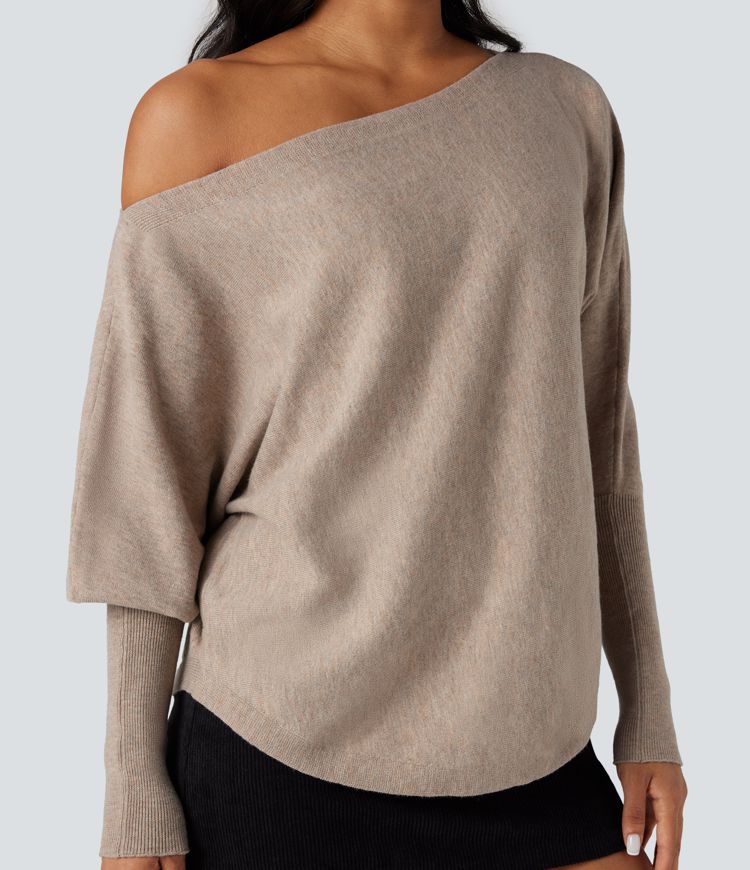 pull de travail asymétrique à manches chauve-souris et ourlet arrondi