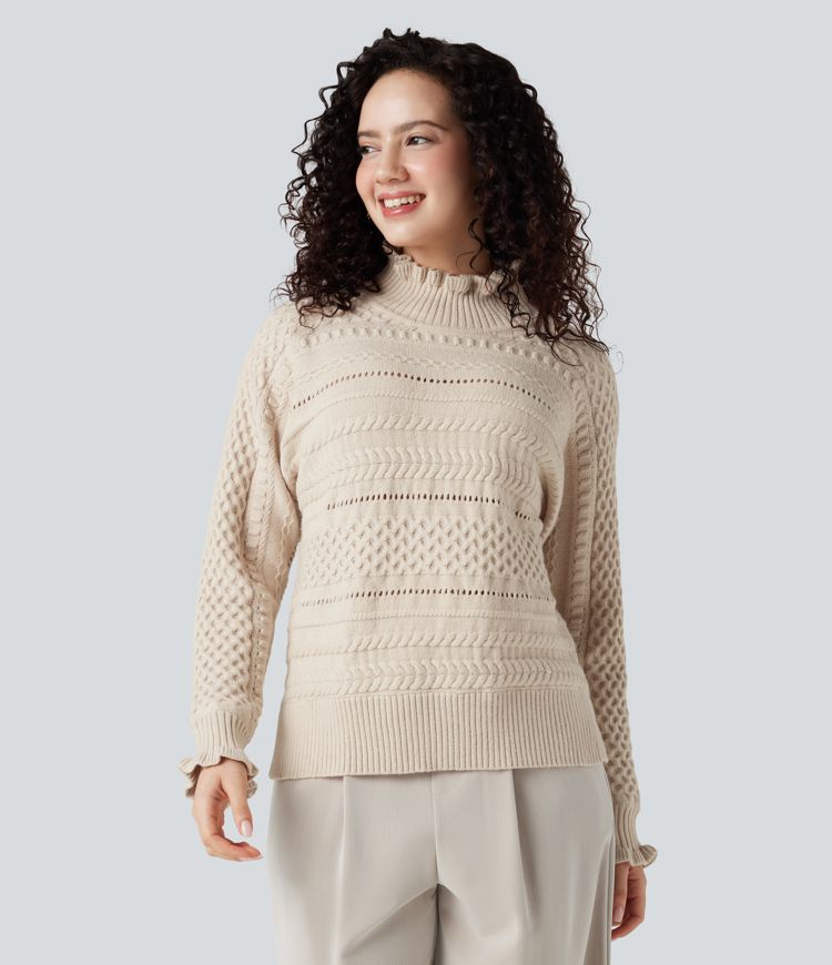 pull décontracté à col montant volanté et manches longues ajourées