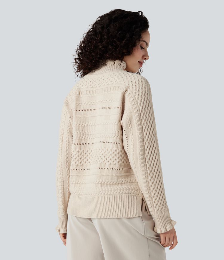 pull décontracté à col montant volanté et manches longues ajourées