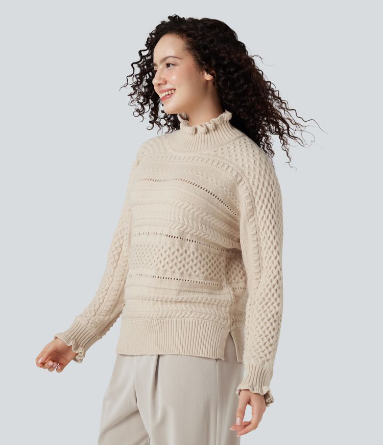 pull décontracté à col montant volanté et manches longues ajourées