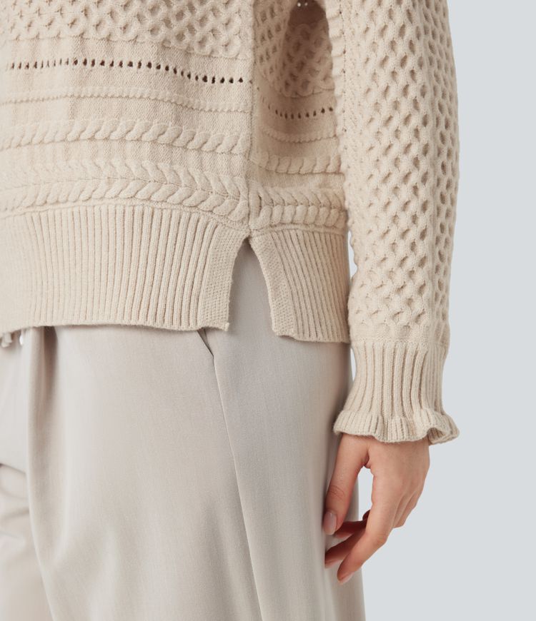pull décontracté à col montant volanté et manches longues ajourées