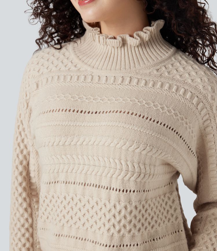 pull décontracté à col montant volanté et manches longues ajourées