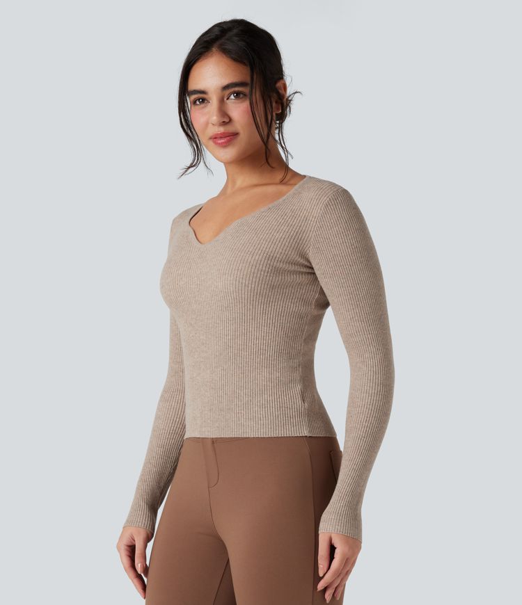 pull de travail à manches longues et col en cœur en maille côtelée