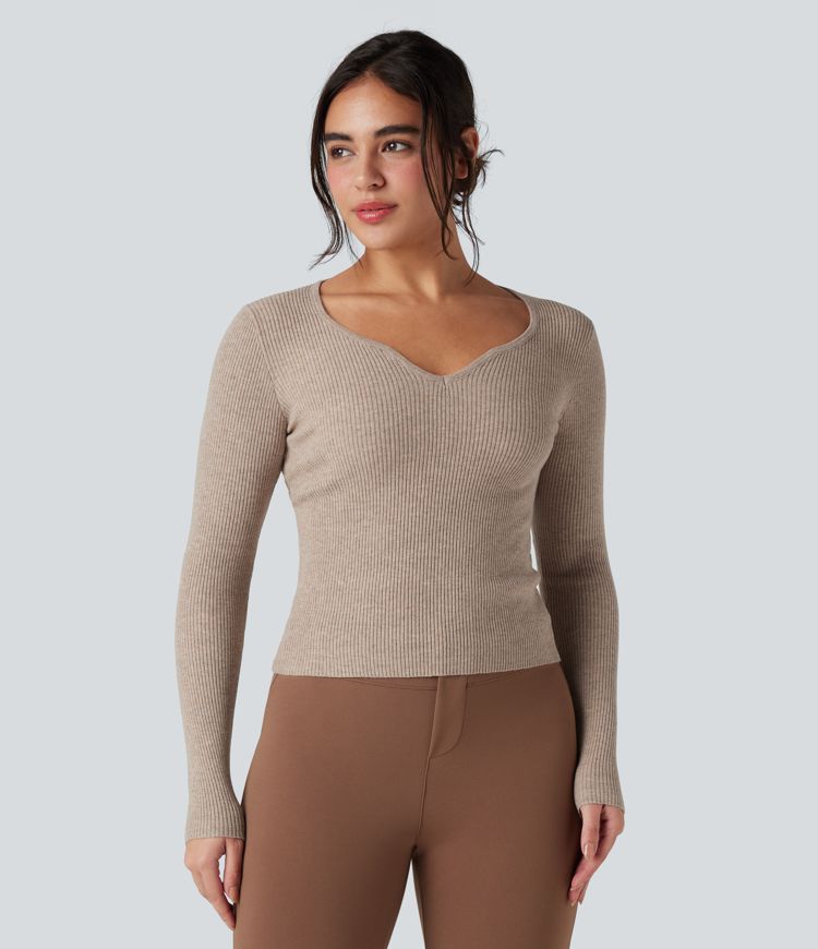 pull de travail à manches longues et col en cœur en maille côtelée