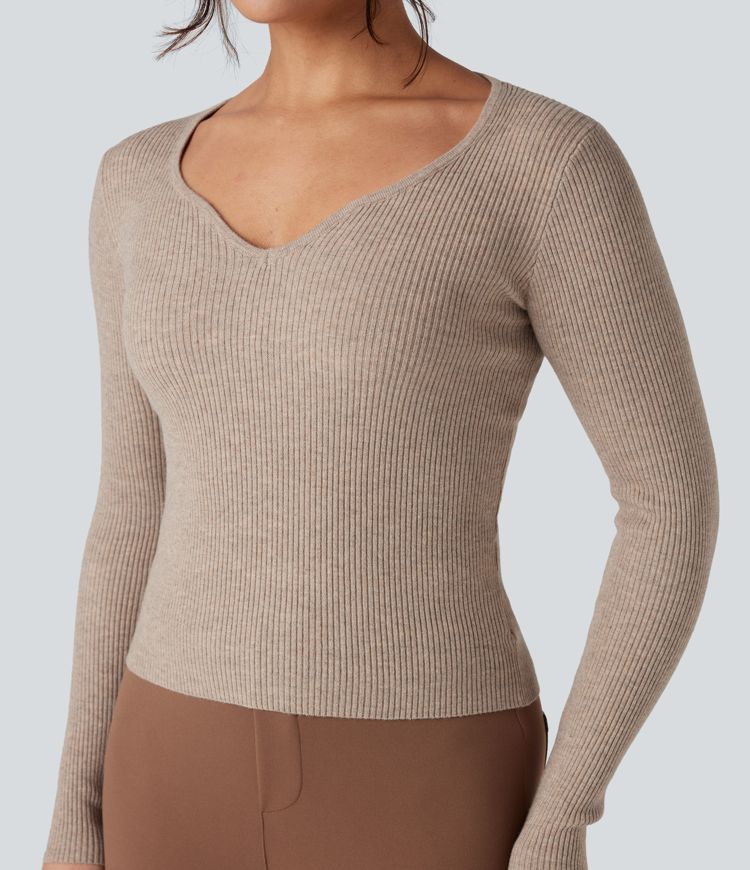 pull de travail à manches longues et col en cœur en maille côtelée