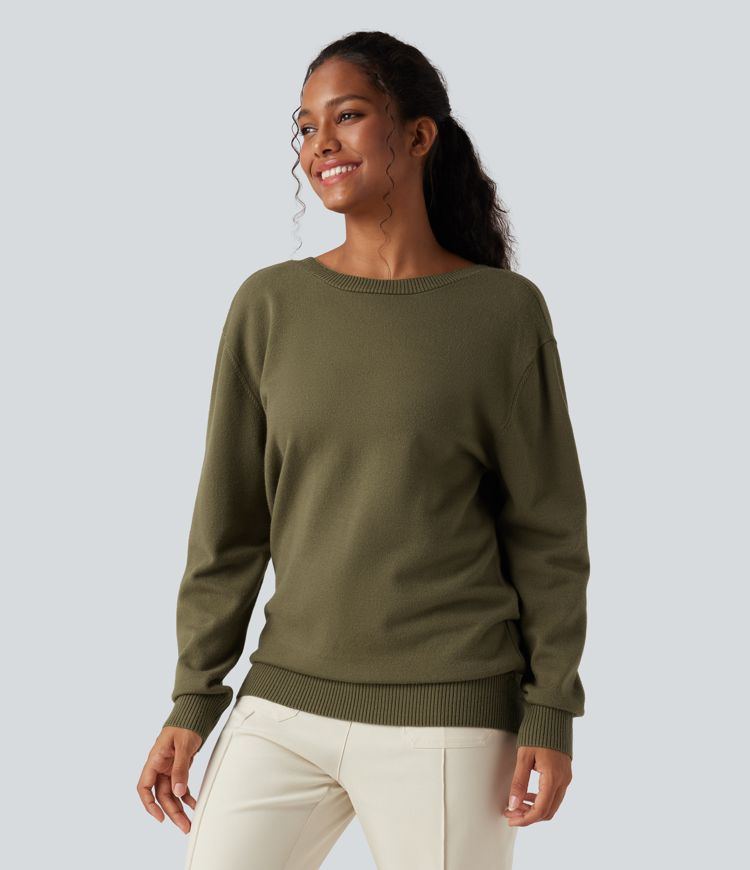 pull décontracté à manches longues et col en v croisé - porté devant et derrière