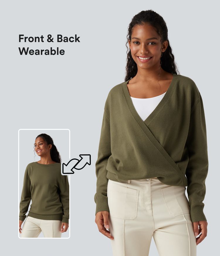 pull décontracté à manches longues et col en v croisé - porté devant et derrière