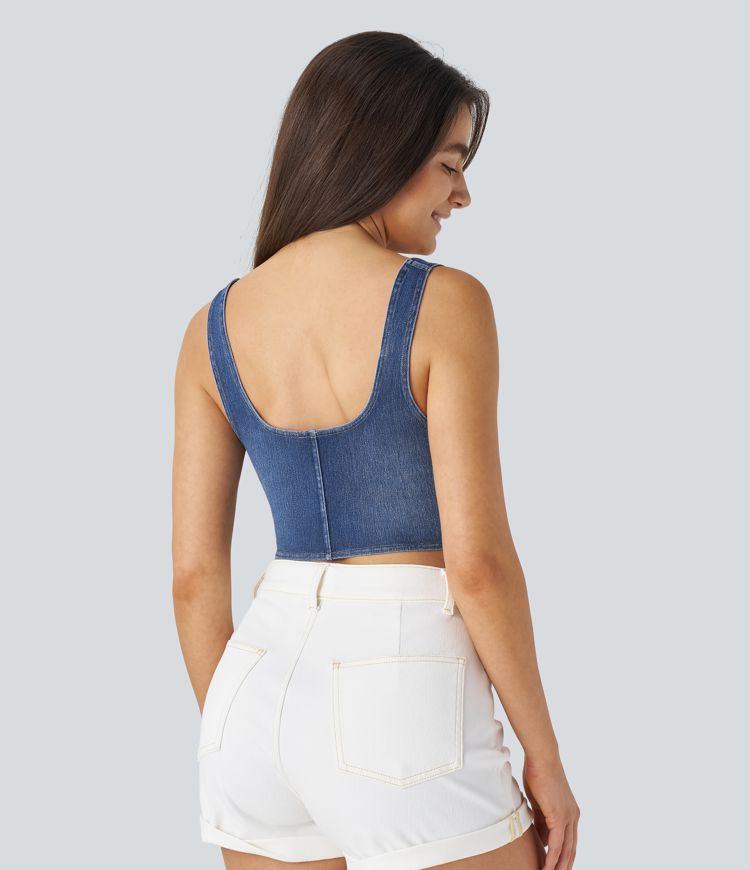 débardeur court décontracté en denim à ourlet arrondi et corset à col en u halara flex