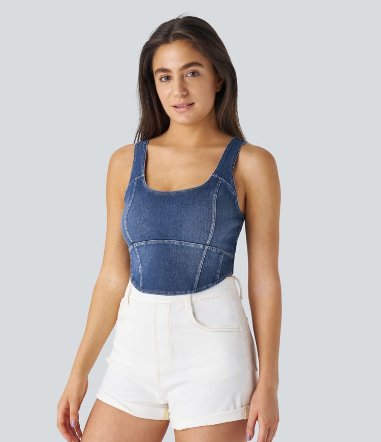 débardeur court décontracté en denim à ourlet arrondi et corset à col en u halara flex