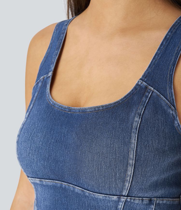 débardeur court décontracté en denim à ourlet arrondi et corset à col en u halara flex