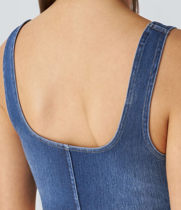débardeur court décontracté en denim à ourlet arrondi et corset à col en u halara flex