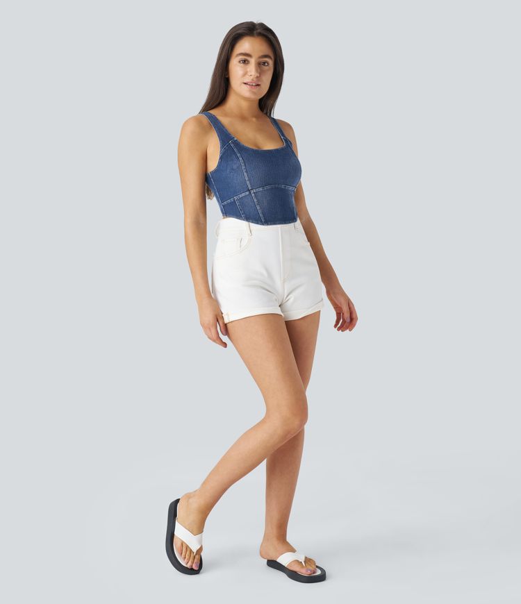 débardeur court décontracté en denim à ourlet arrondi et corset à col en u halara flex
