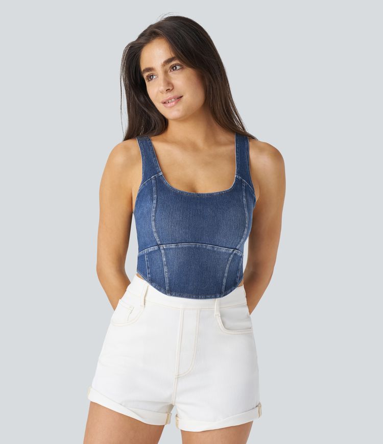 débardeur court décontracté en denim à ourlet arrondi et corset à col en u halara flex