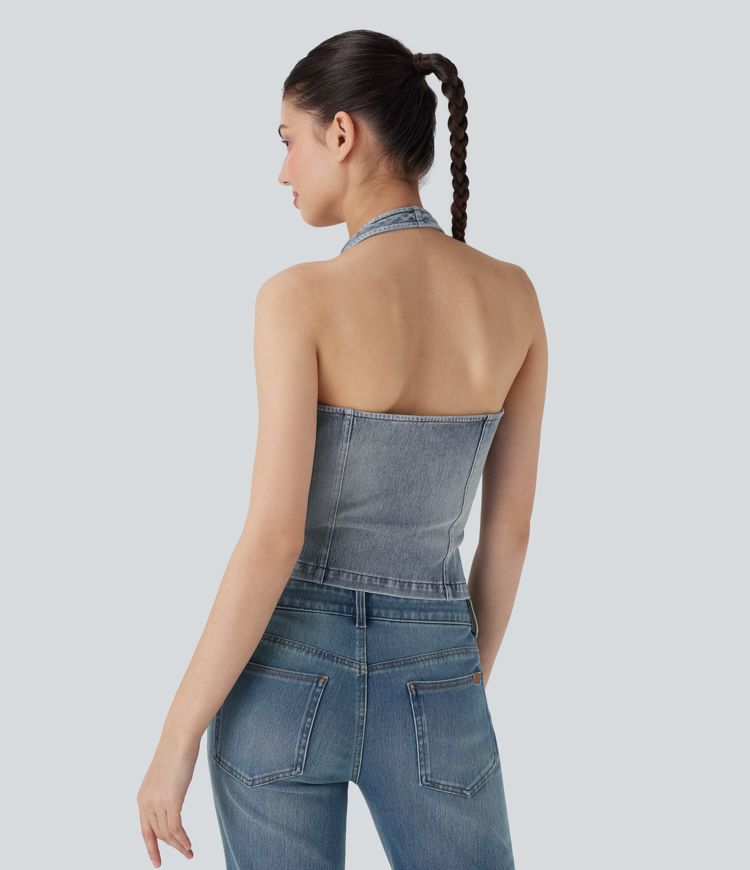 débardeur décontracté en denim délavé à fermeture éclair et dos nu halara flex