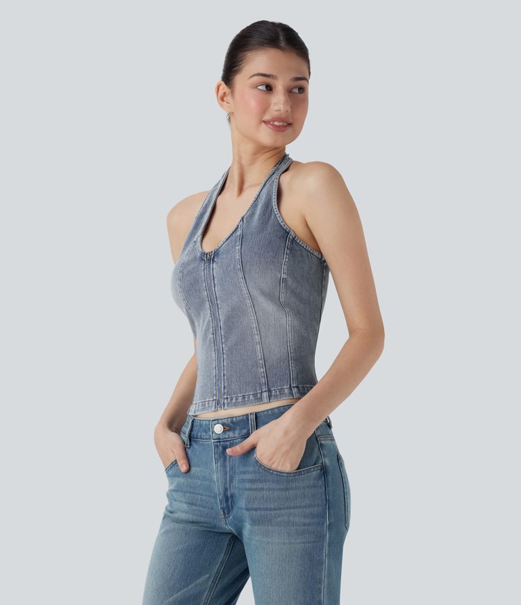 débardeur décontracté en denim délavé à fermeture éclair et dos nu halara flex