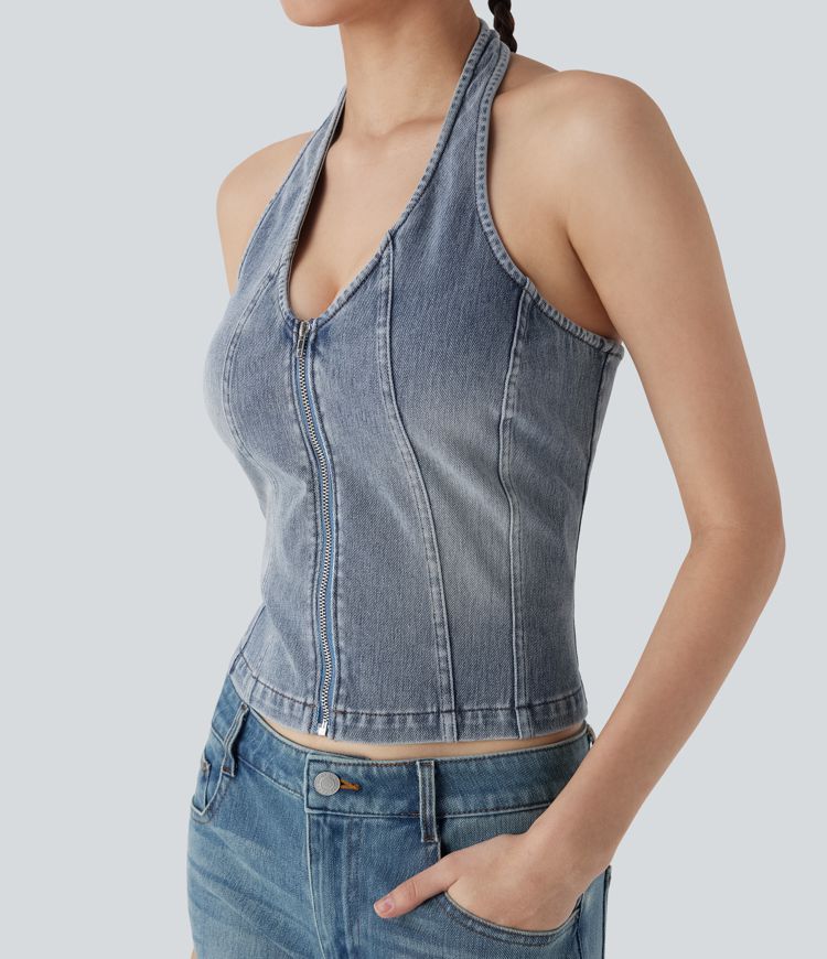 débardeur décontracté en denim délavé à fermeture éclair et dos nu halara flex